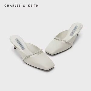 NEW Charles & Keith White Square Toe Mules with Rhinestone Strap